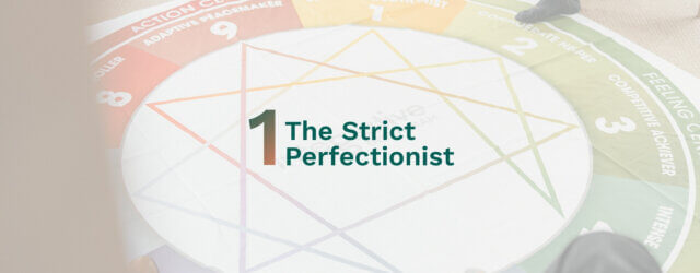 Enneagram 1 graphic over photo of an Enneagram diagram floor mat